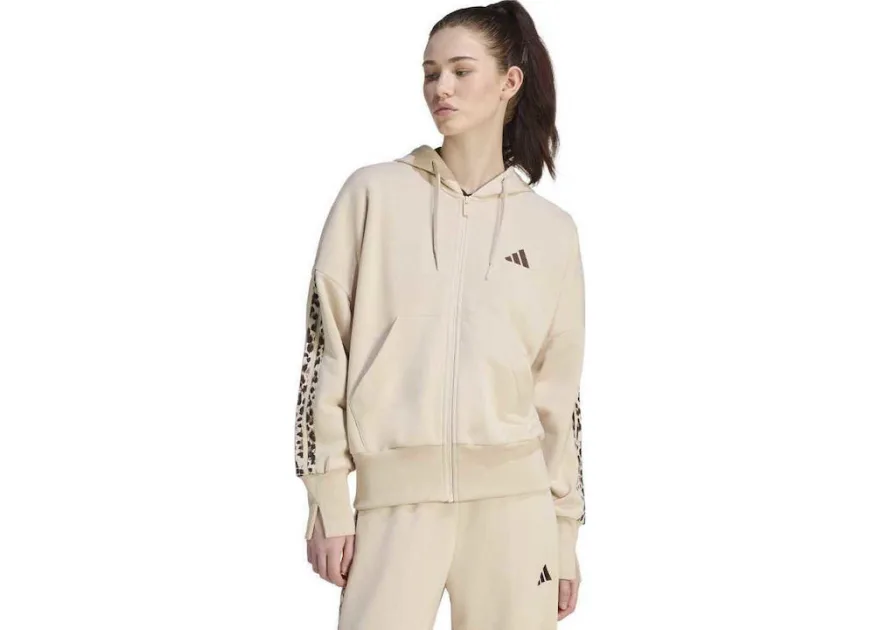Adidas Essentials Γυναικεία Ζακέτα Φούτερ French Terry με Κουκούλα Εκρού