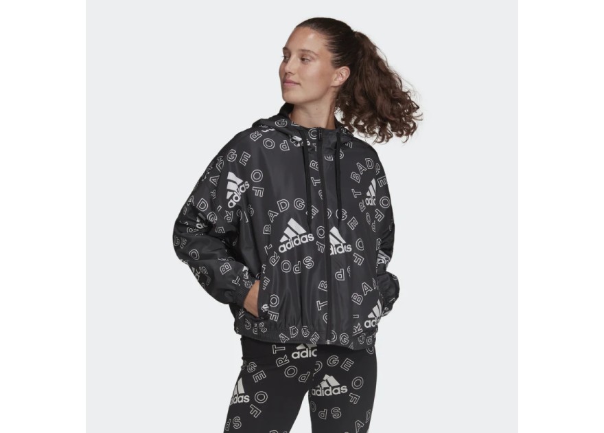 Adidas Essentials Logo Allover Print Γυναικείο Μπουφάν Running Αντιανεμικό Μαύρο
