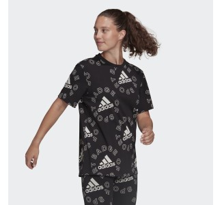 Adidas Essentials Logo Allover Αθλητικό Oversized Γυναικείο T-shirt Μαύρο με Στάμπα