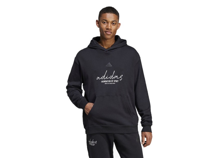 Adidas Brand Love French Terry Ανδρικό Φούτερ με Κουκούλα Μαύρο