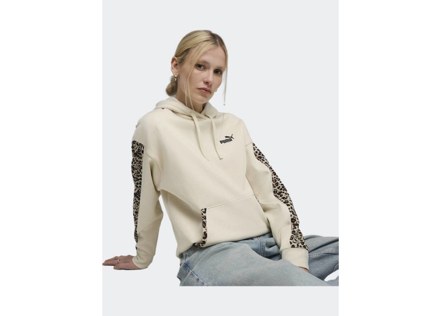 Puma Ess Graphic Μακρύ Γυναικείο Φούτερ με Κουκούλα Εκρού