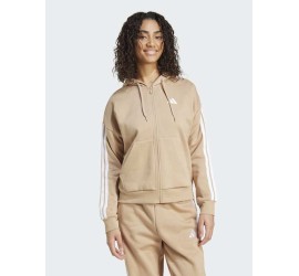 Adidas Essentials 3-Stripes Γυναικεία Ζακέτα Φούτερ με Κουκούλα Καφέ