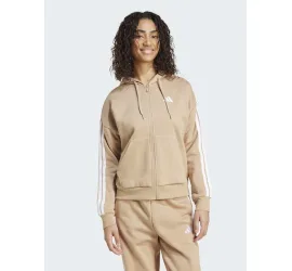Adidas Essentials 3-Stripes Γυναικεία Ζακέτα Φούτερ με Κουκούλα Καφέ