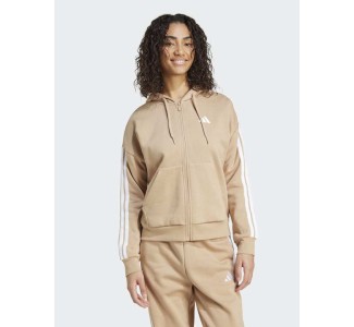 Adidas Essentials 3-Stripes Γυναικεία Ζακέτα Φούτερ με Κουκούλα Καφέ