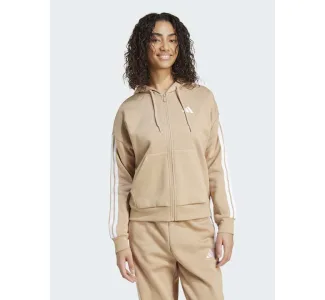 Adidas Essentials 3-Stripes Γυναικεία Ζακέτα Φούτερ με Κουκούλα Καφέ