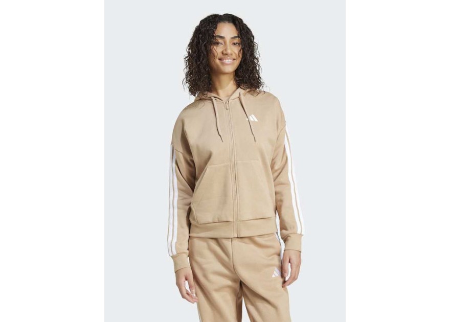 Adidas Essentials 3-Stripes Γυναικεία Ζακέτα Φούτερ με Κουκούλα Καφέ