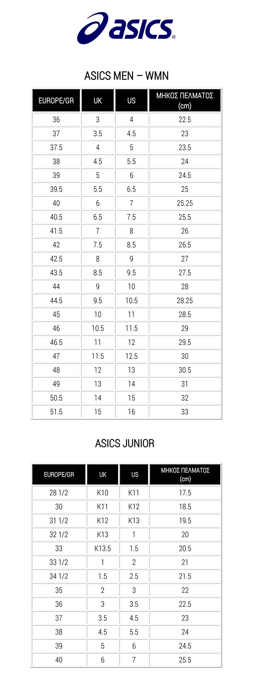 Asics Size Guide